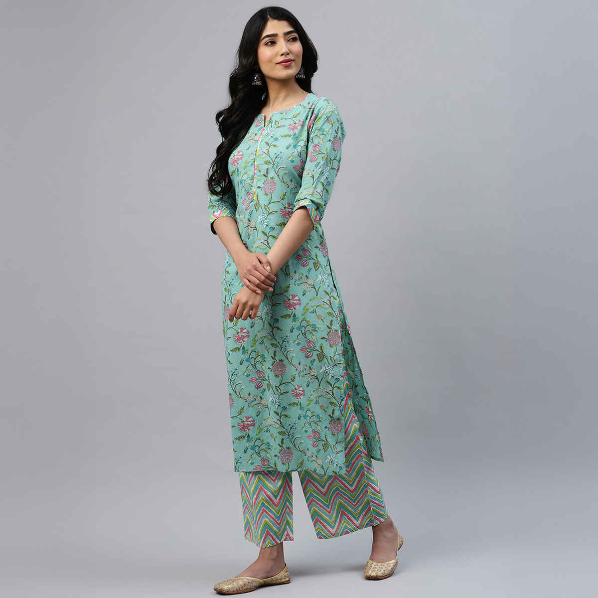 Libas Women's Printed Cotton Straight Suit Set with Dupatta | Multicolour - L