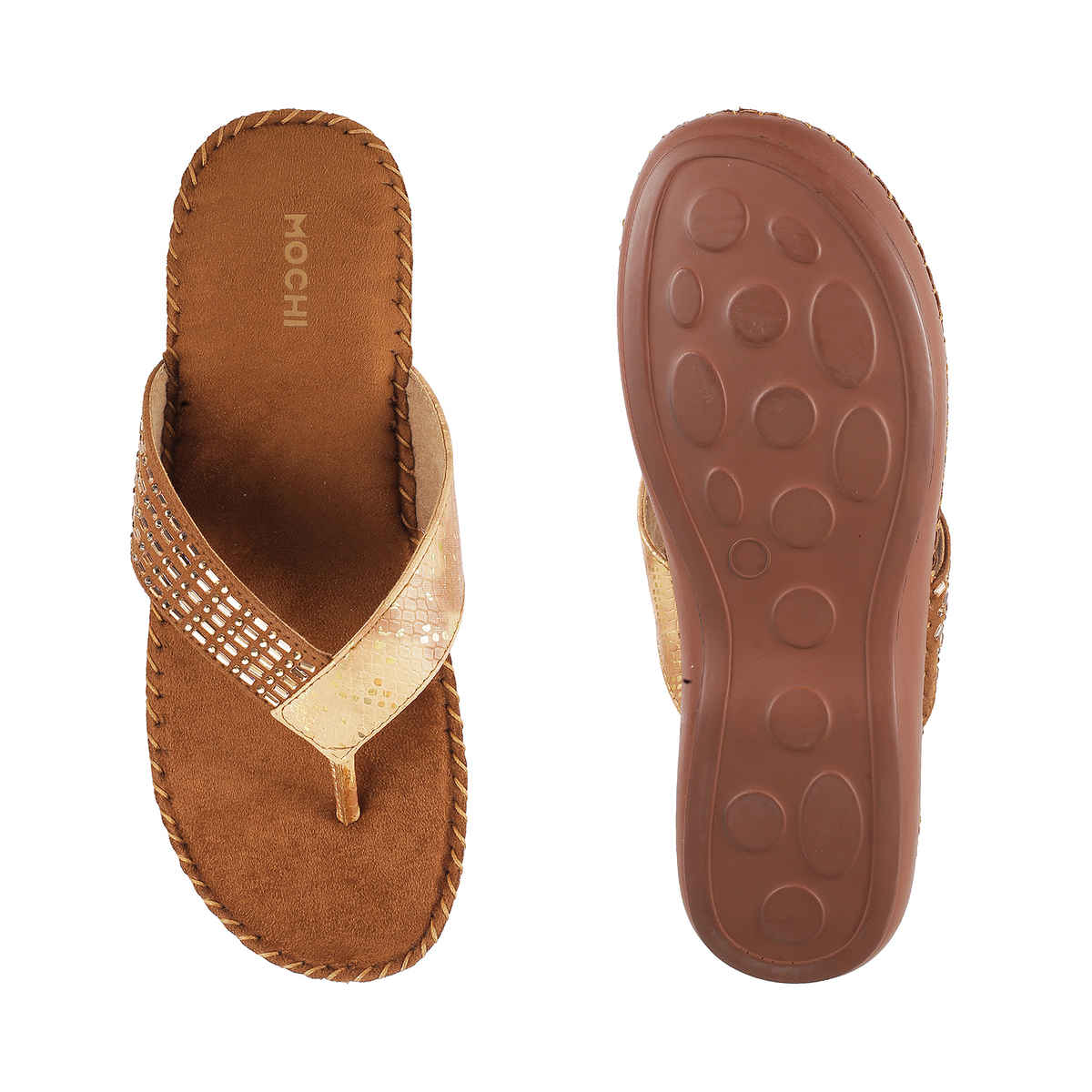 Mochi Women Antique Gold Color Heel Slip On Ethnic | Size UK 6 | 44-1675