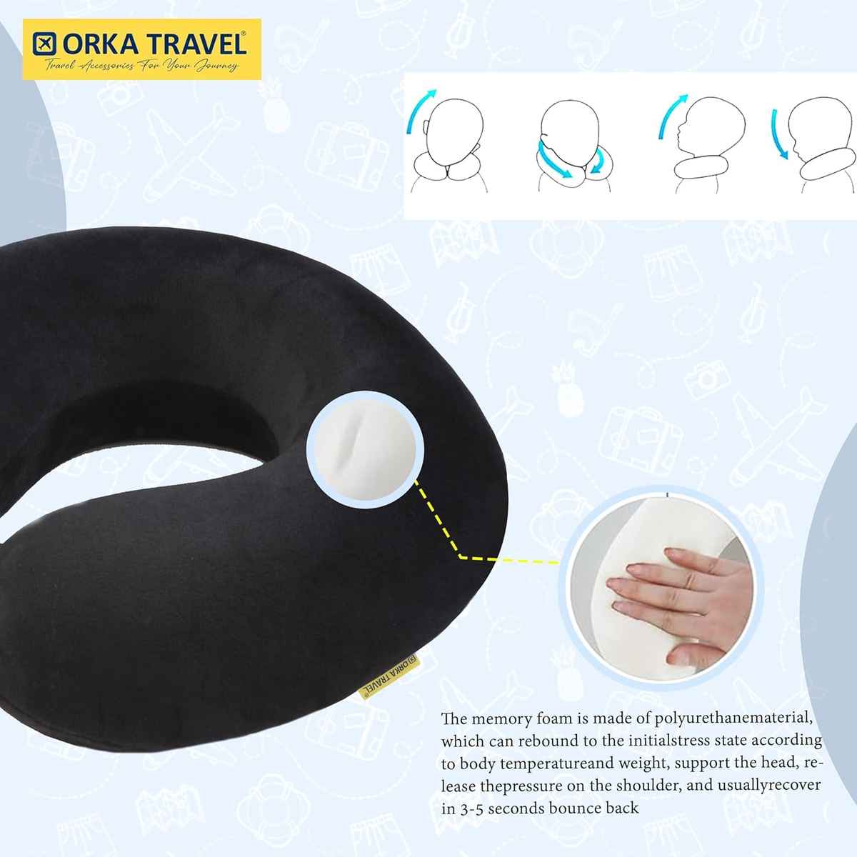 Orka Travel Solid Super Soft Memory Foam U Neck Pillow - Black