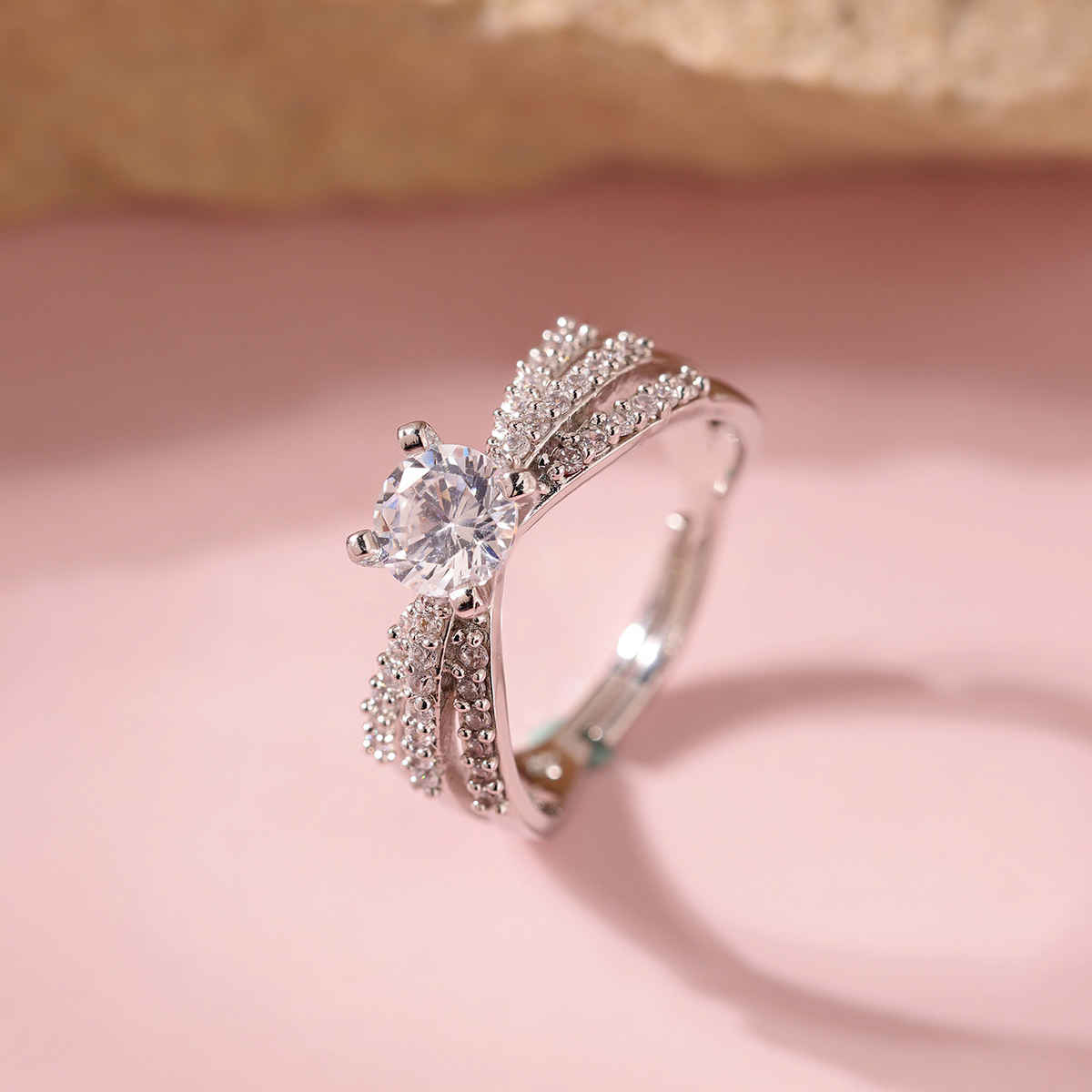 Voylla Valentines Day Celestial Triple-Band Silver Solitaire Ring