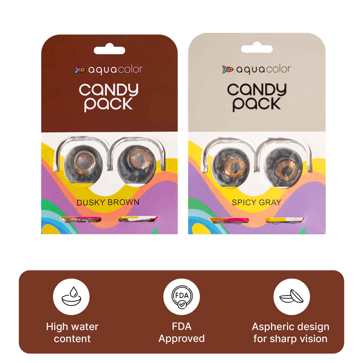 Aquacolor Daily Disposable Contact Lens | Candy Pack 2 Each Zero Power - Dusky Brown and Spicy Grey