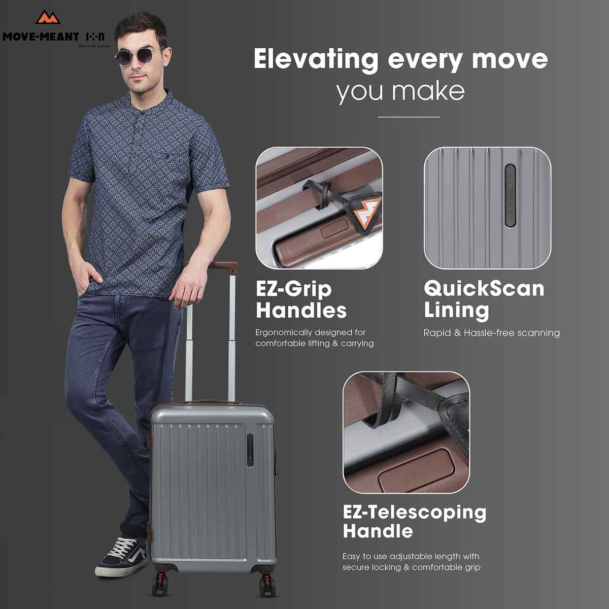 Move-Meant Travel Fun Cabin Suitcase Silver | 8 Wheels | Number Lock | Polycarbonate Travel Bag - 55 cm