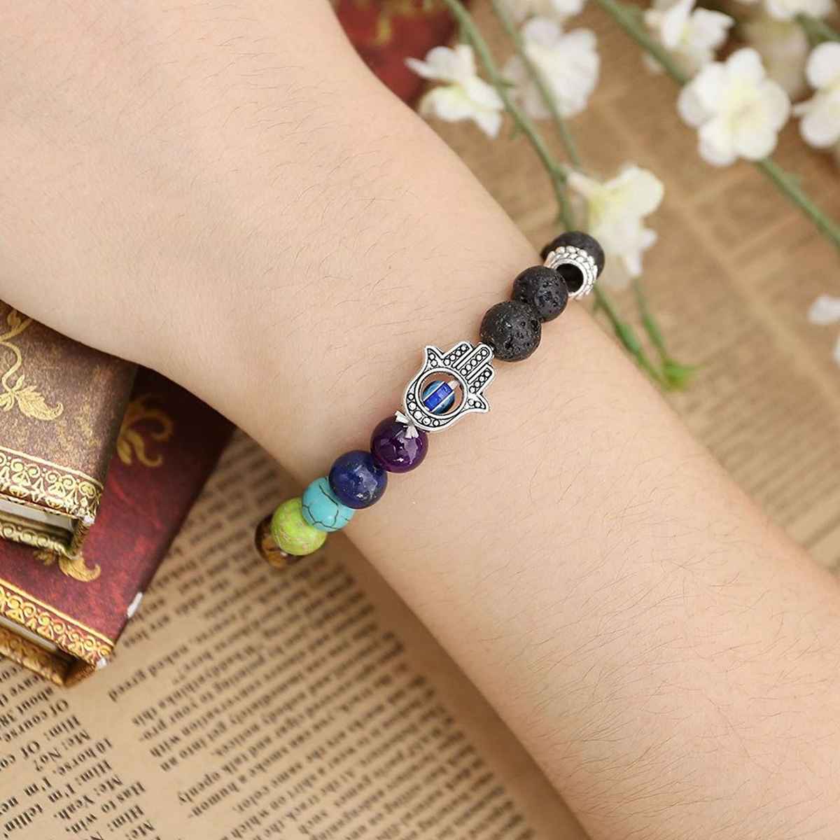 Shining Diva Fashion Spiritual Lava Rock Beads With 7 Chakra Evil Eye Unisex Bracelet | Rrsd9373b