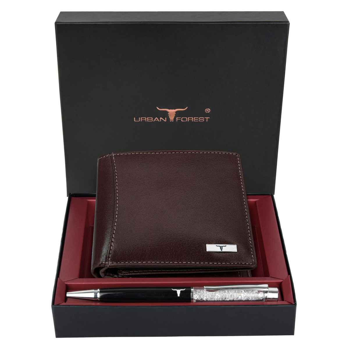 URBAN FOREST Men's Ollin Aniline Leather Wallet & Diamond Pen Combo Gift | Brown
