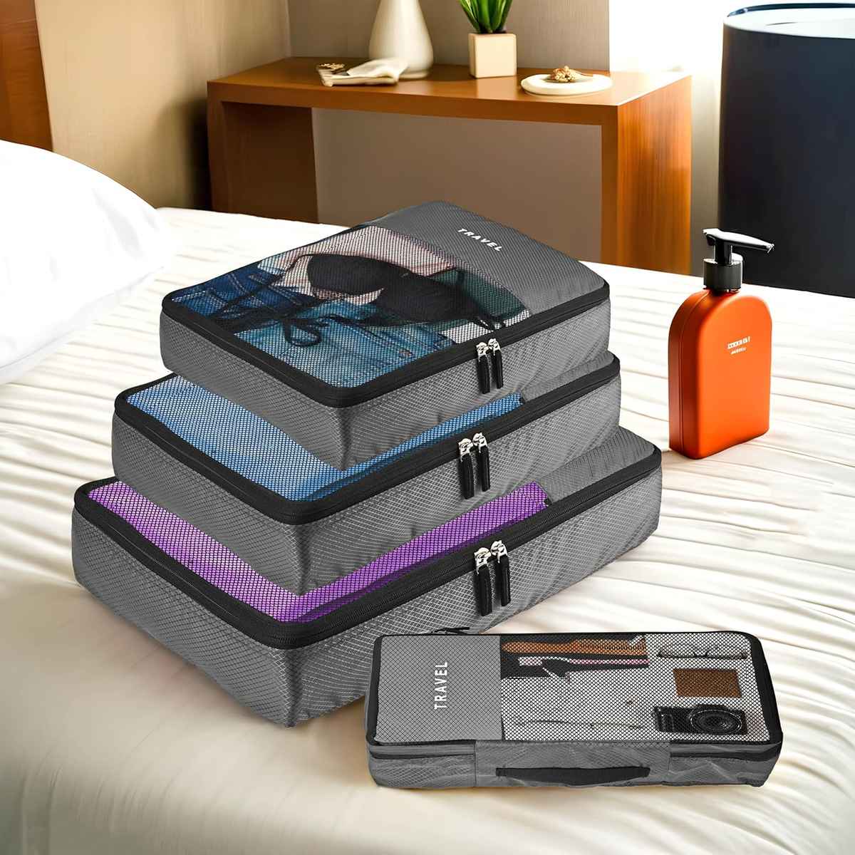 Kuber Industries Packing Cubes | Travel Mesh Suitcase Organizer Bags | Grey