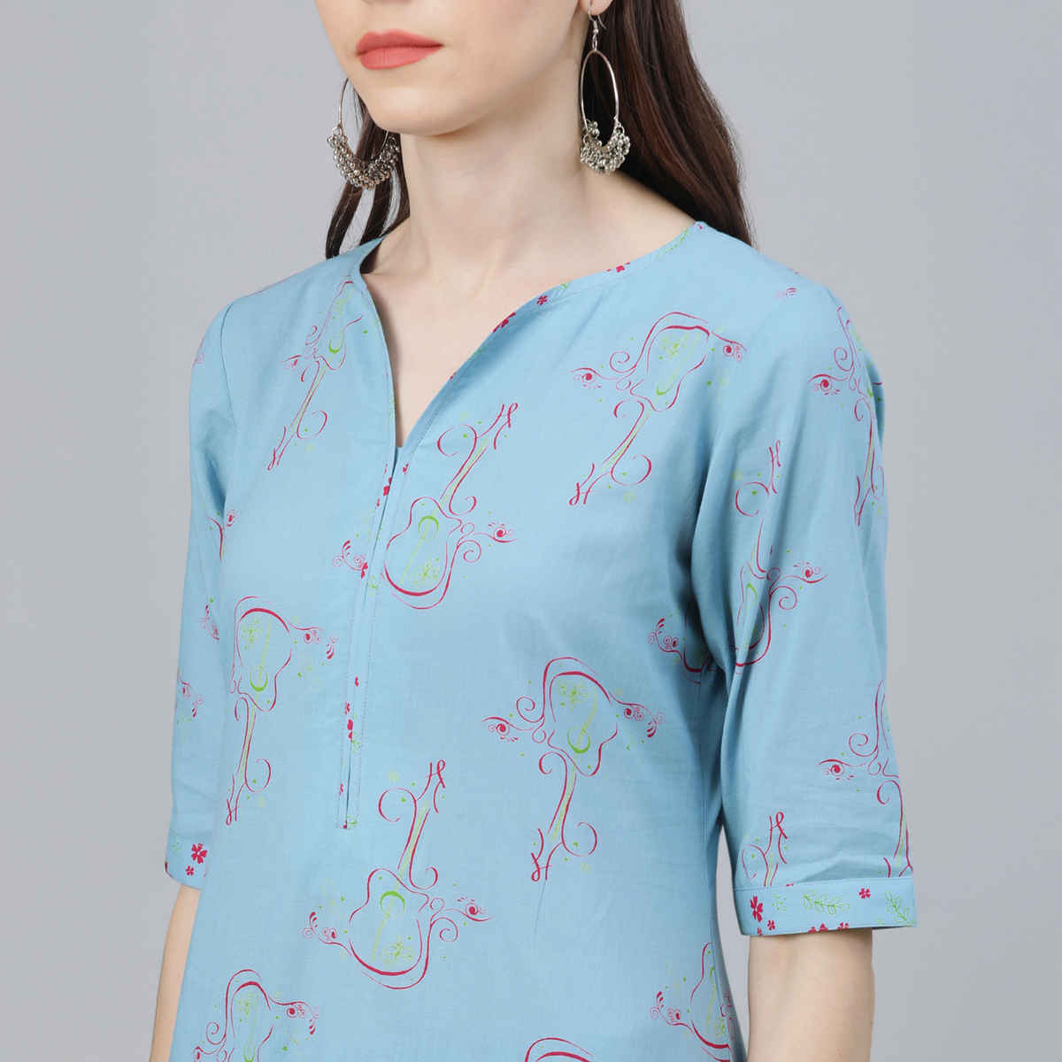 Libas Women's Printed Rayon Straight Kurta With Palazzos & Dupatta | Blue - M