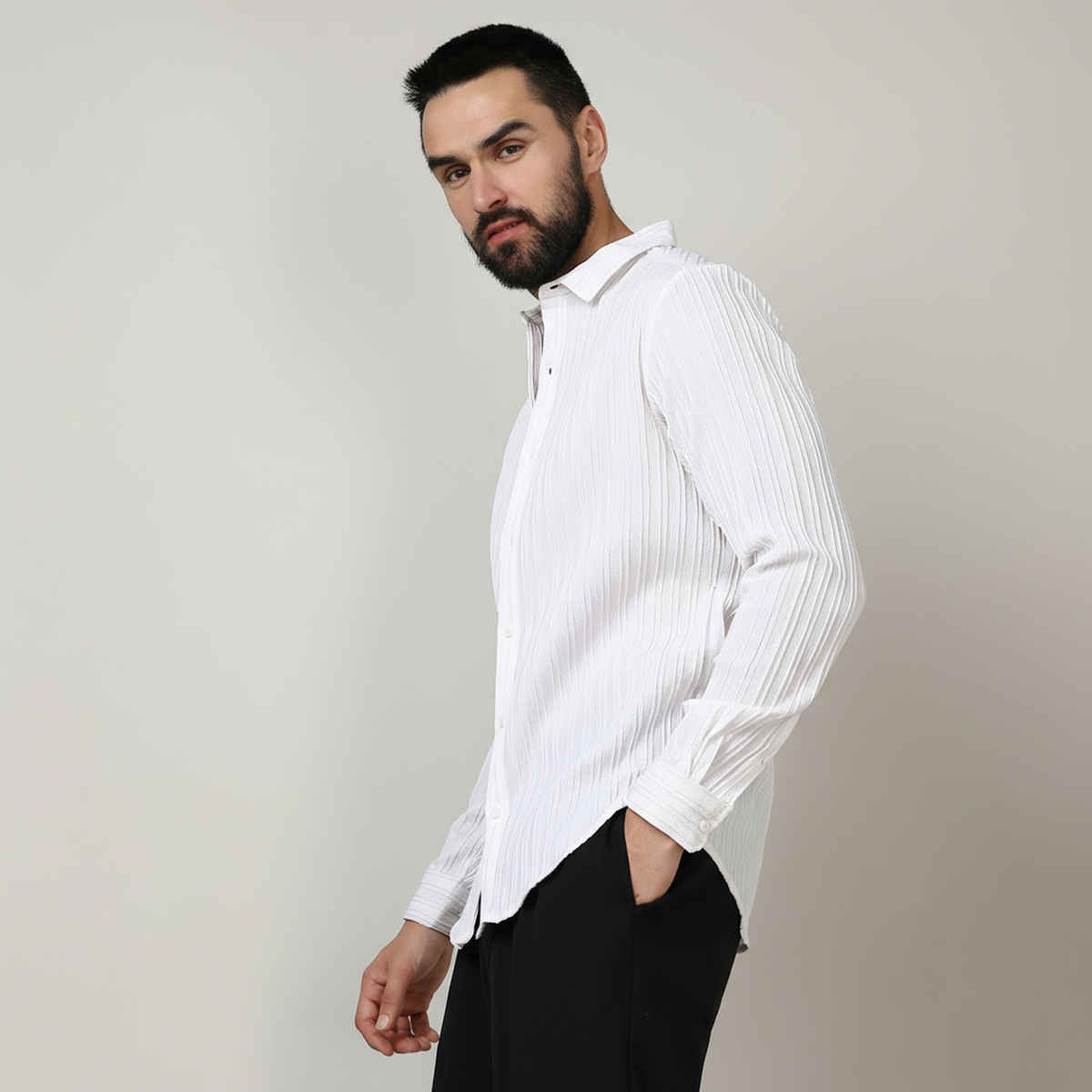 Campus Sutra Men's Self-Design Striped Shirt | White - S
