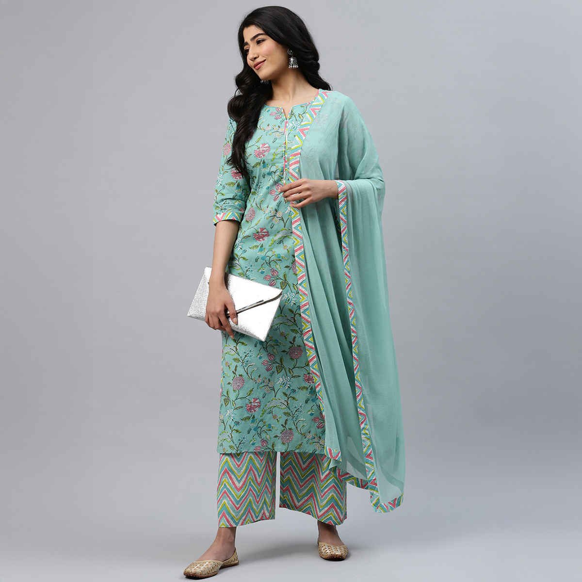 Libas Women's Printed Cotton Straight Suit Set with Dupatta | Multicolour - L