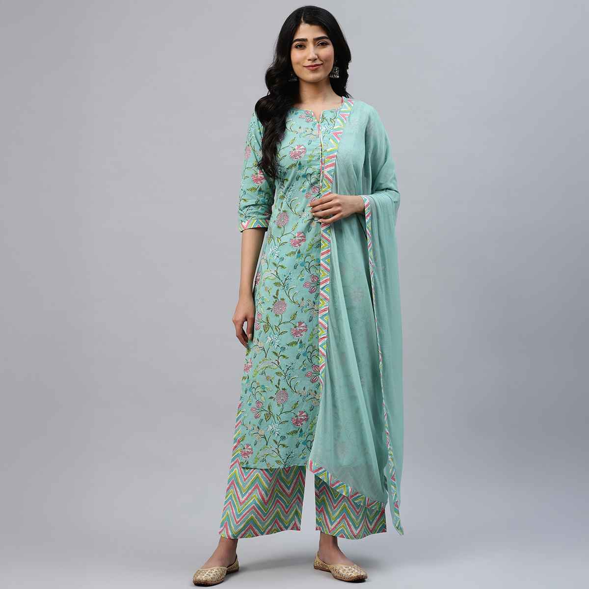 Libas Women's Printed Cotton Straight Suit Set with Dupatta | Multicolour - L