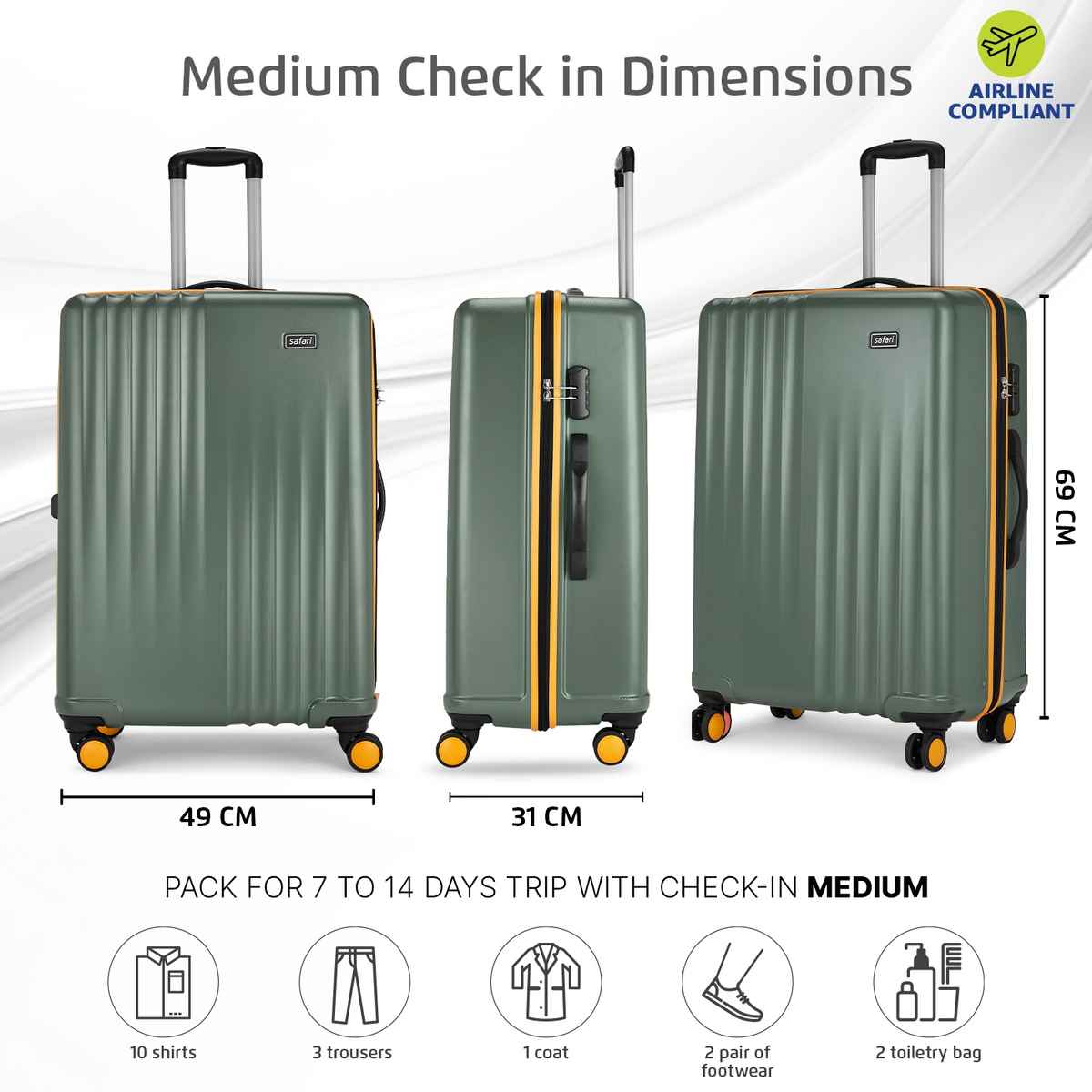 Safari Textured Polycarbonate 78 L Telescopic Trolley Bag | Thyme Green - M