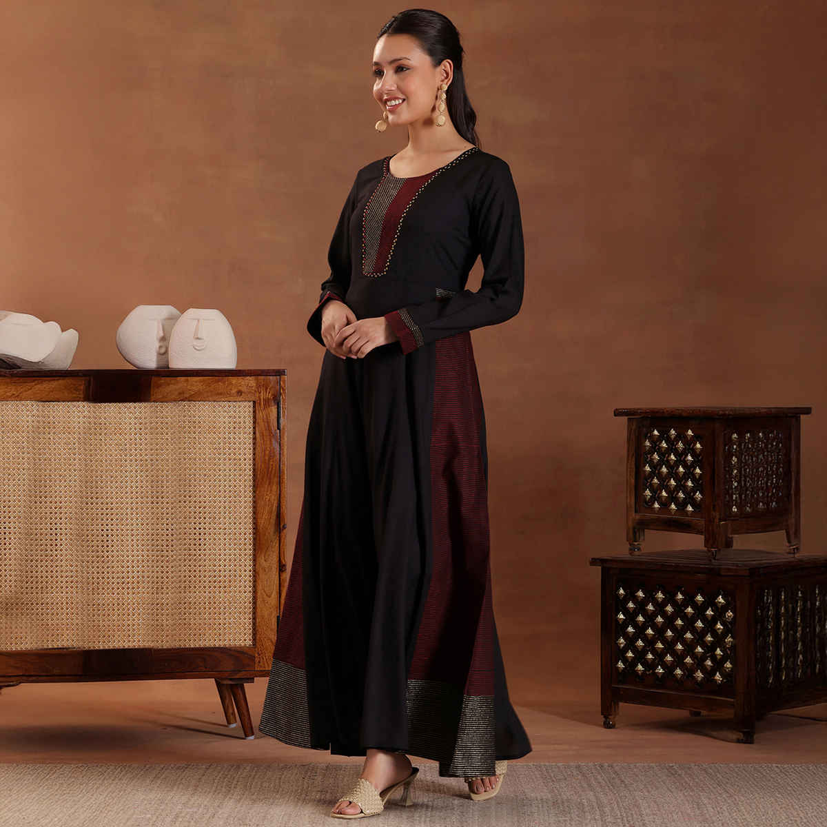 Libas Self Design Pure Viscose Rayon A-Line Kurta With Trousers | 27597H | Black - L