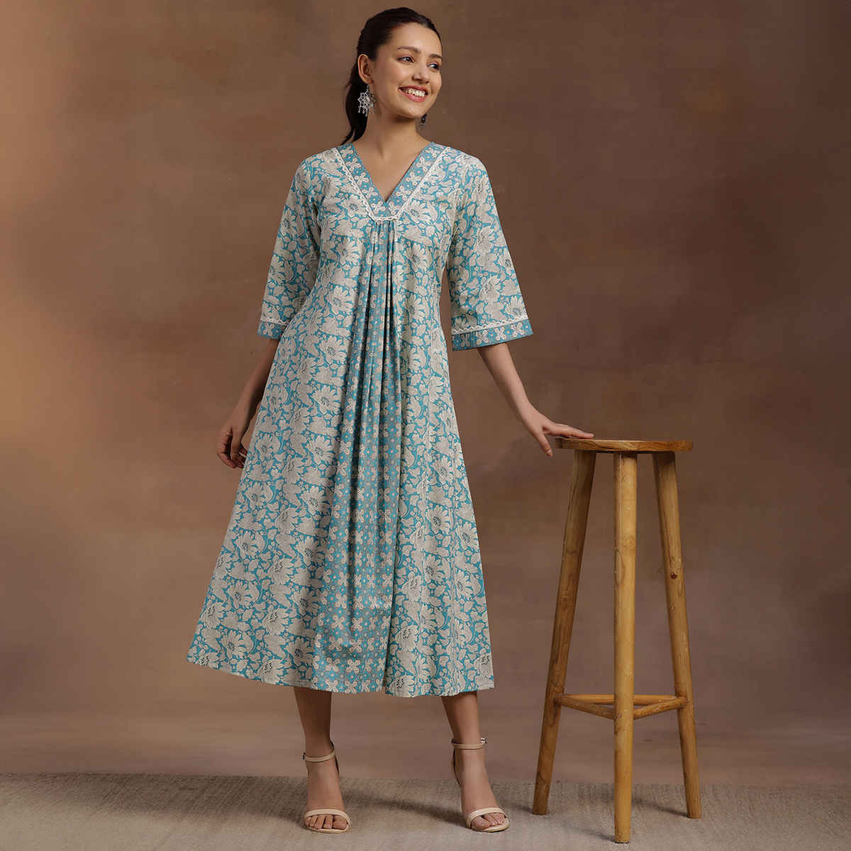 Libas Women's Floral Printed Panelled A-Line Dress with Pleated Style And Pocket | 29115O | Blue - M