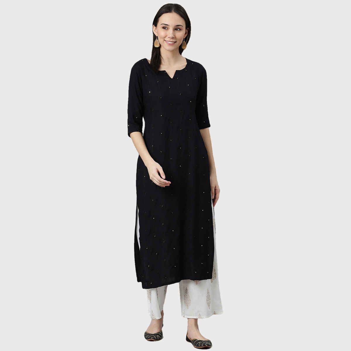 Libas Women Black Rayon Embroidered Mirror Work Straight Kurta - 12077OXL