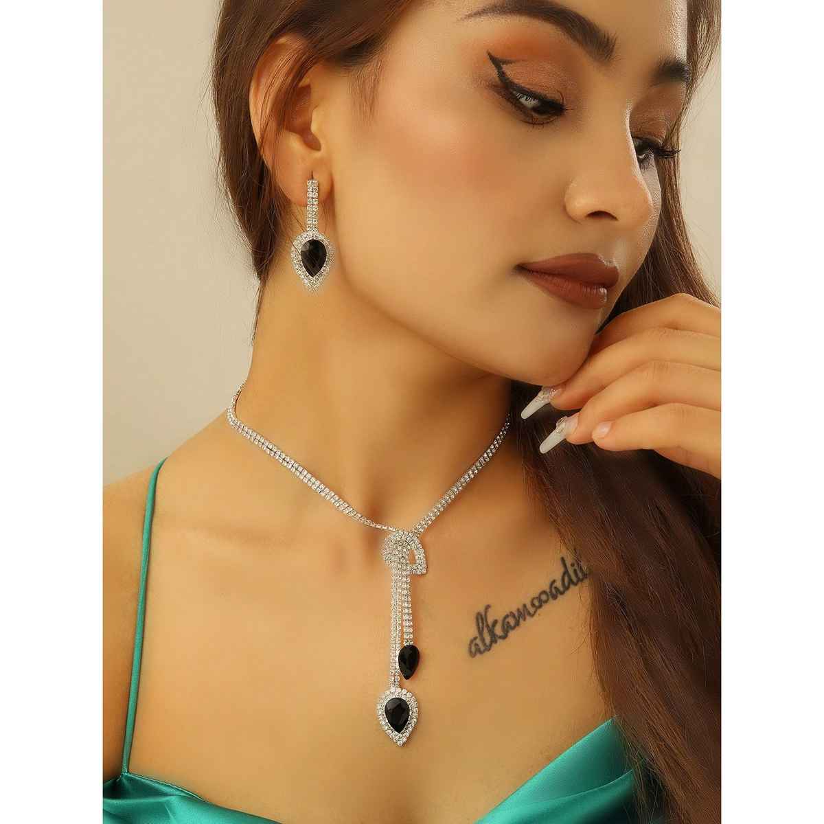 Shining Diva Fashion Stylish Design Crystal Diamond Necklace Set for Women and Girls | 15216s