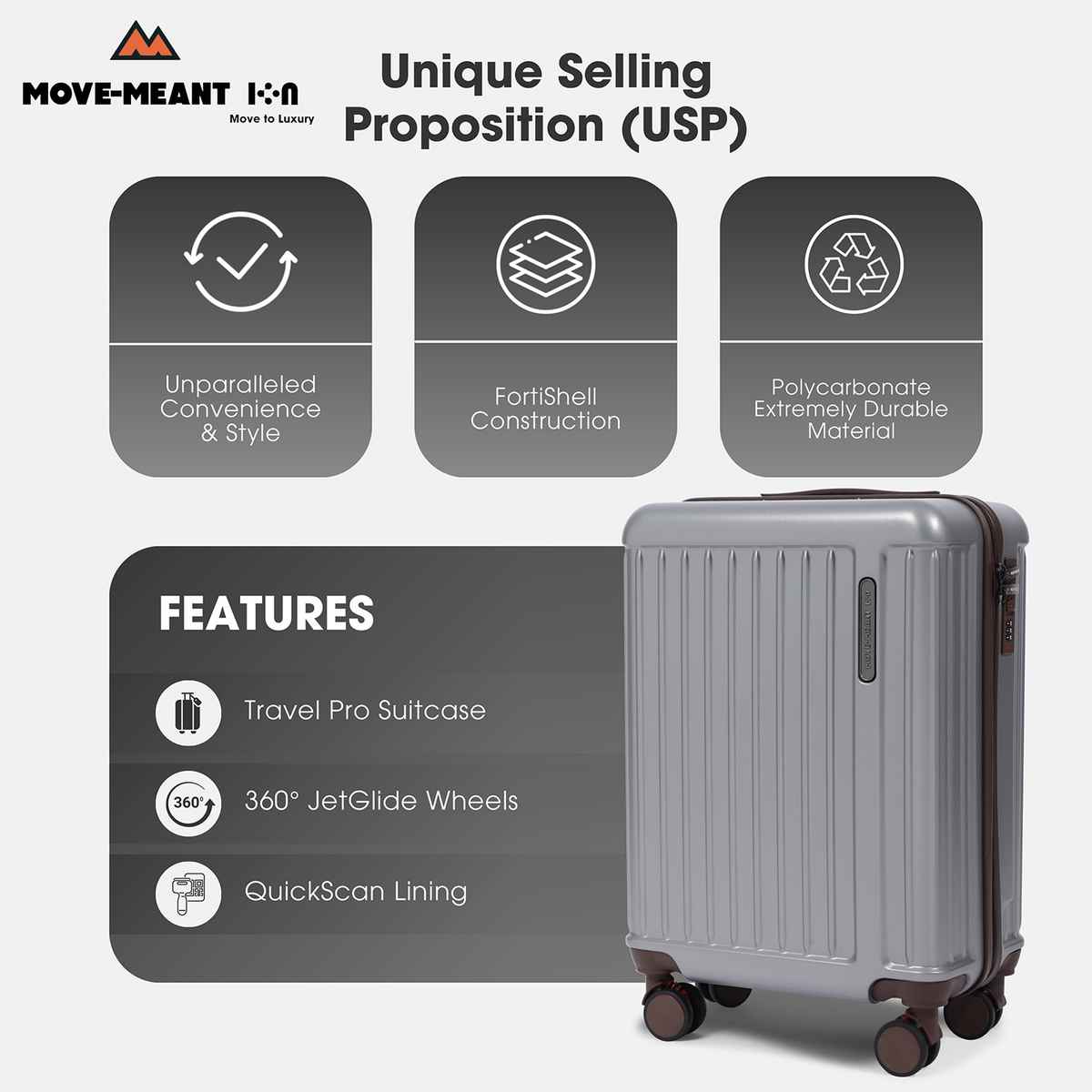 Move-Meant Travel Fun Cabin Suitcase Silver | 8 Wheels | Number Lock | Polycarbonate Travel Bag - 55 cm