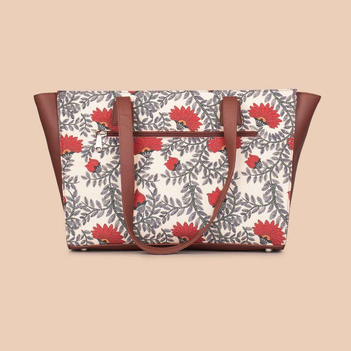 Zouk Women's Printed Vegan Leather 11.6 L Double Handle Tote Bag | Beige and Red - One Size