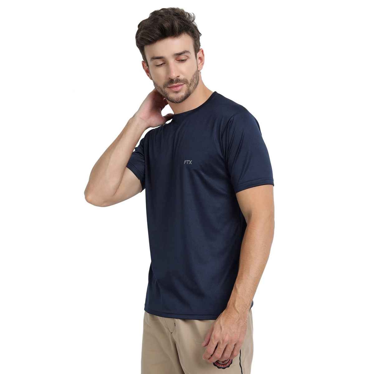 FTX Men s Solid Round Neck Polyester Half Sleeve Casual T-shirt | Black-Navy-Steel-Grey | S