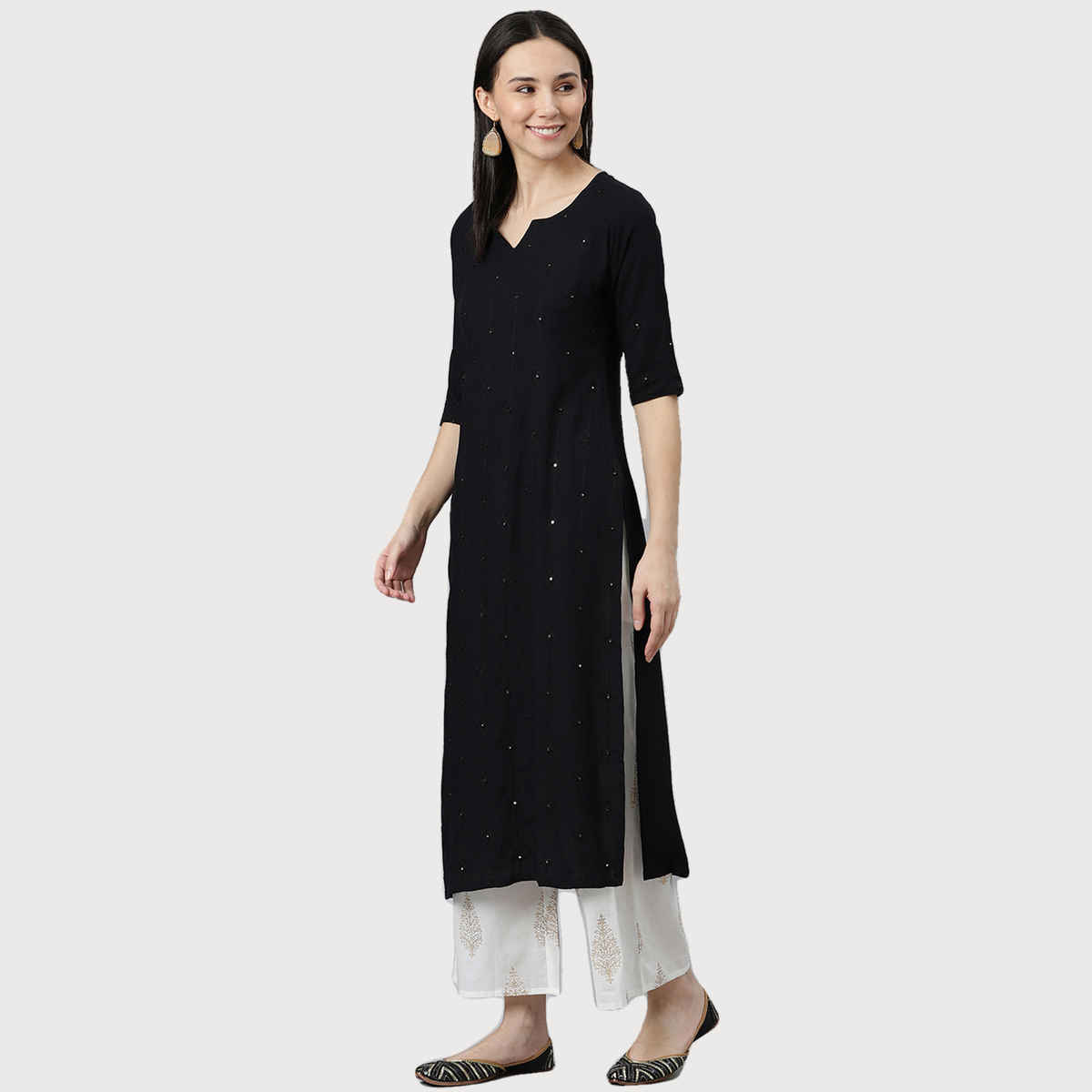 Libas Women Black Rayon Embroidered Mirror Work Straight Kurta - 12077OXL