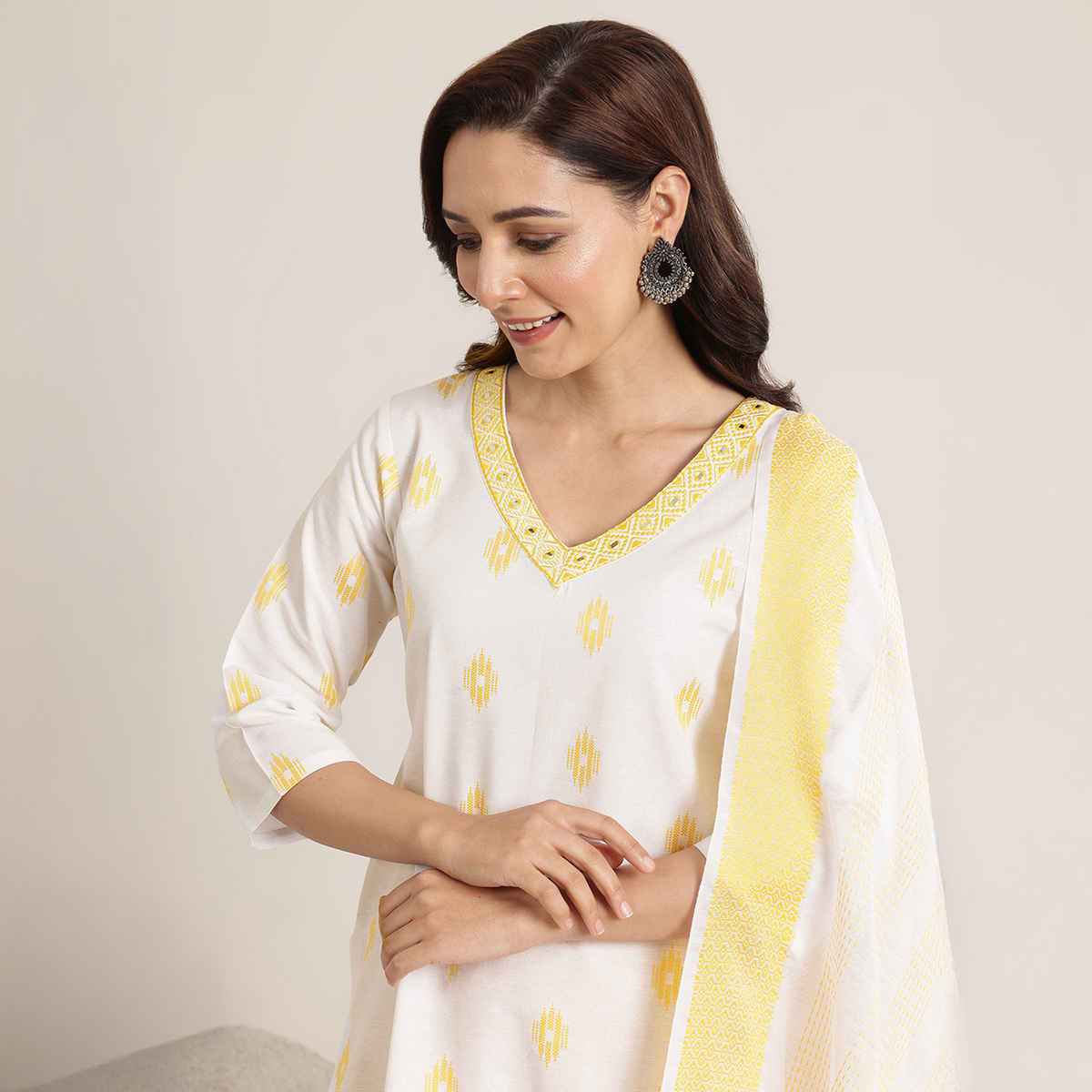 Libas Women's Woven Design Cotton Blend Straight Suit Set with Dupatta | Off white - L
