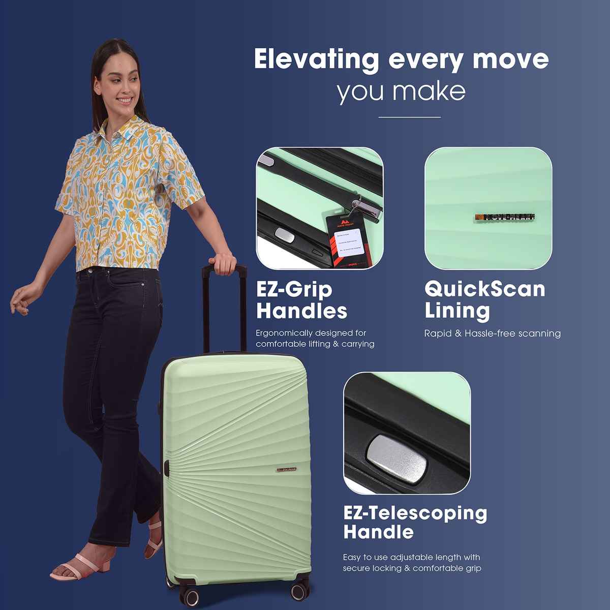 Move-Meant Travel Crew Large Suitcase Green | 8 Wheel Polypropylene Travel Trolley Bag - 75 cm