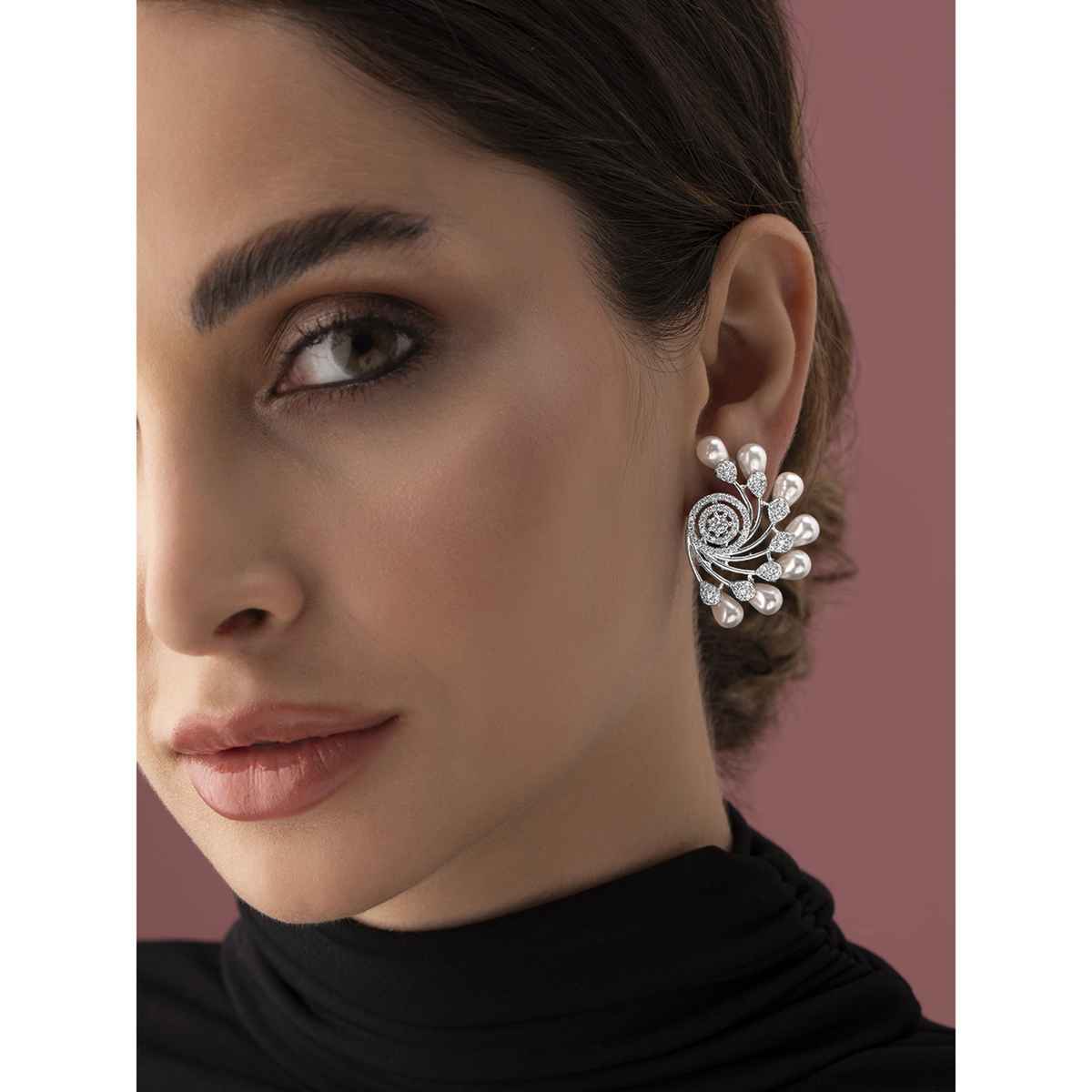 Rubans Silver-Plated Pearls and Cubic Zirconia Studded Oversized Premium Floral Stud Earring