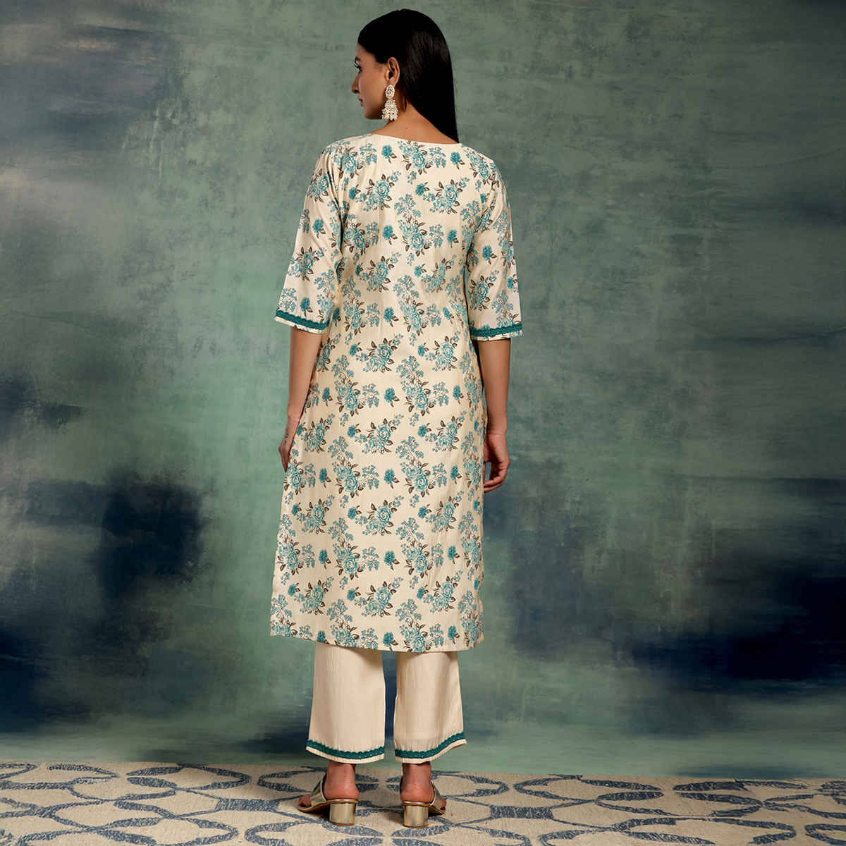 Libas Women's Printed Chanderi Silk Straight Kurta Set | Beige - L