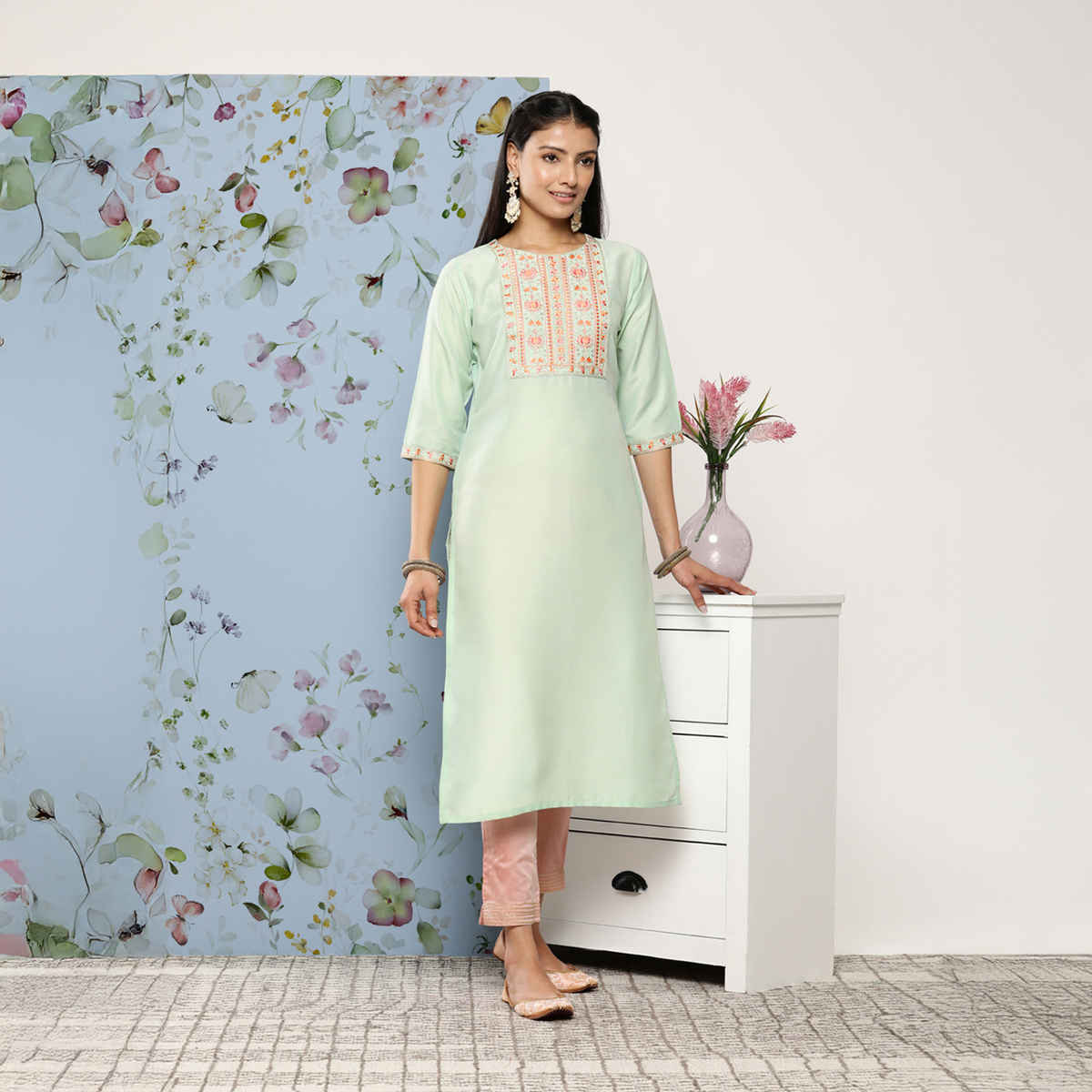 Libas Women's Green Yoke Design Silk Blend Straight Kurta | Green - XL