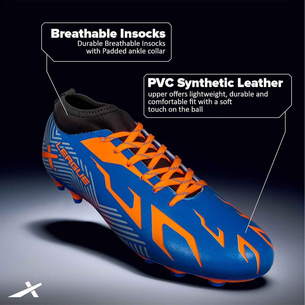 Vector X Men's League Football Shoes With Studs | Blue-Orange - UK 9