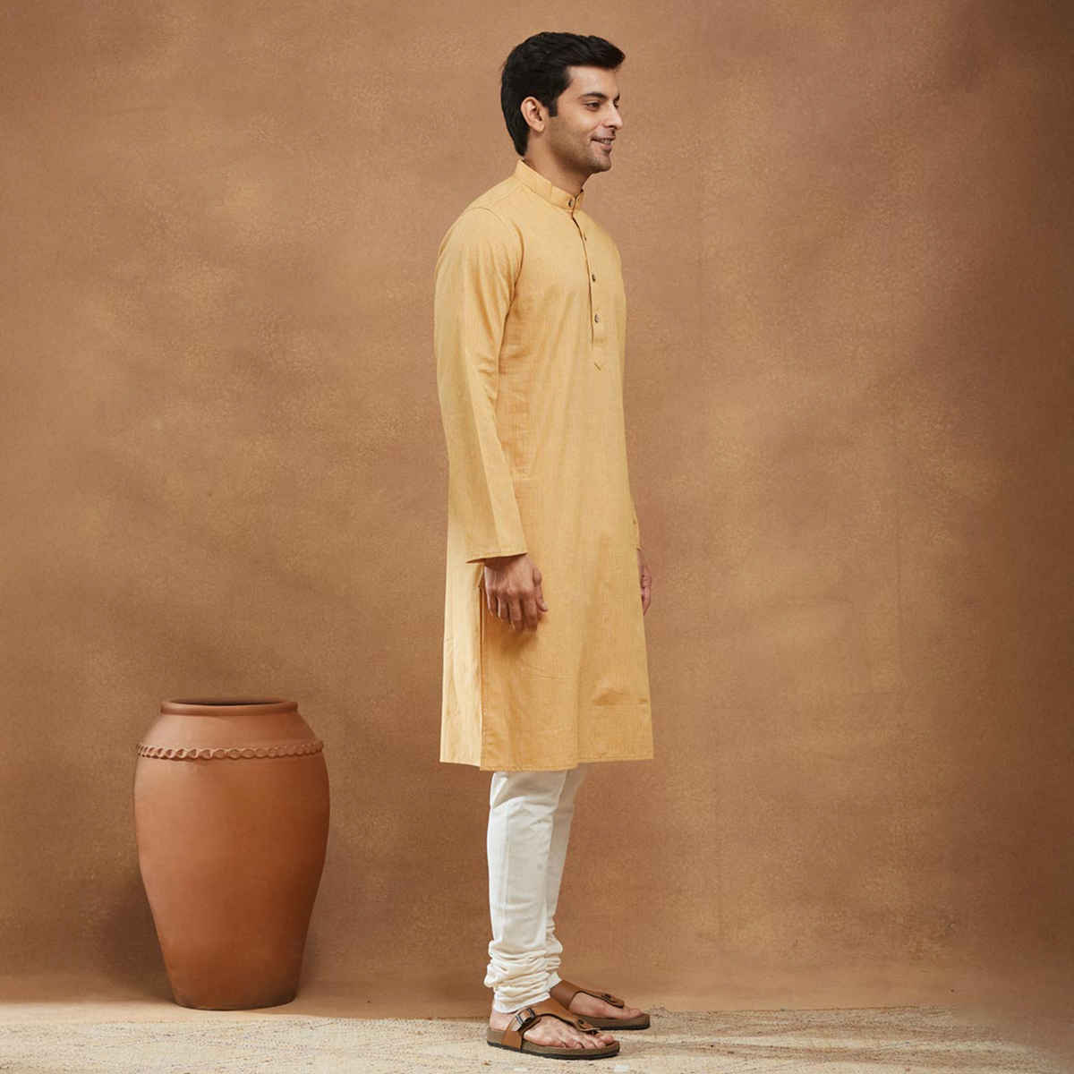 Fabindia Men's Cotton Slim Fit Long Kurta | Mustard - M