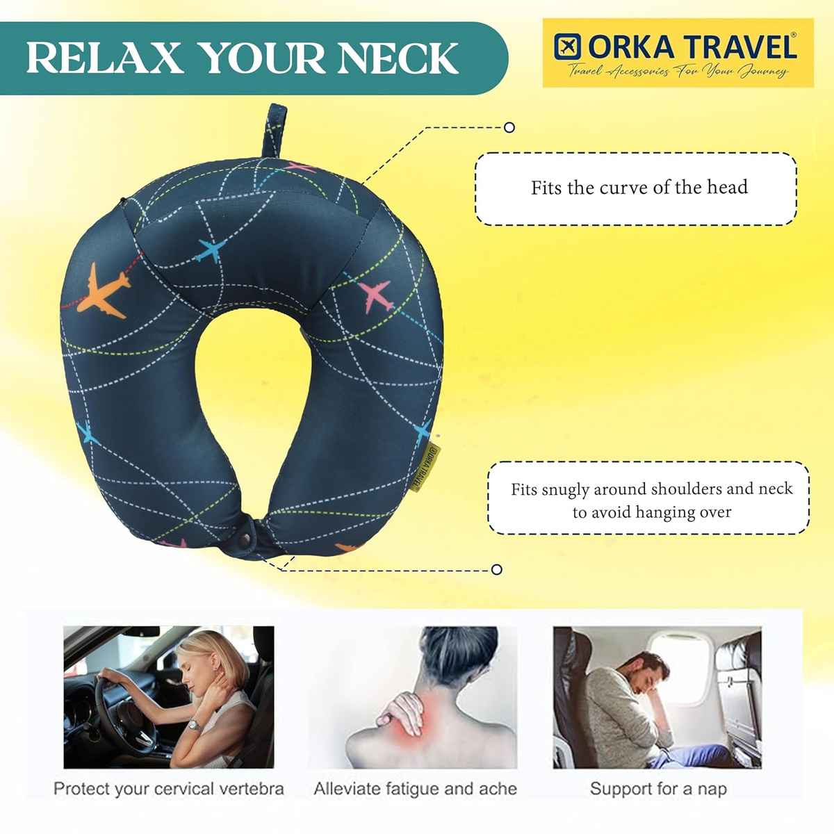 Orka Travel High Back Digital Printed Memory Foam U Neck Pillow| | Planes