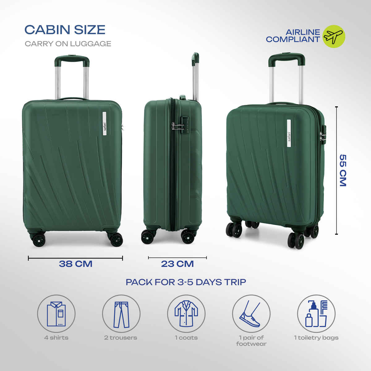 Safari Vamos Cabin Trolley Bag, 8 Wheels, Hard, Polypropylene | Dusk Green - 55cm