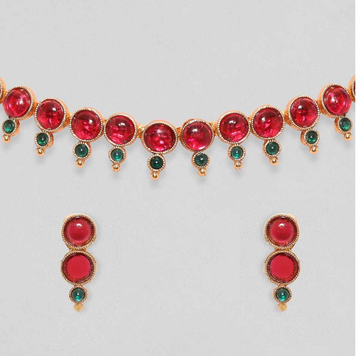 Rubans 22K Gold-Plated Ruby Pink & Emerald Green Studded Necklace & Earring Set