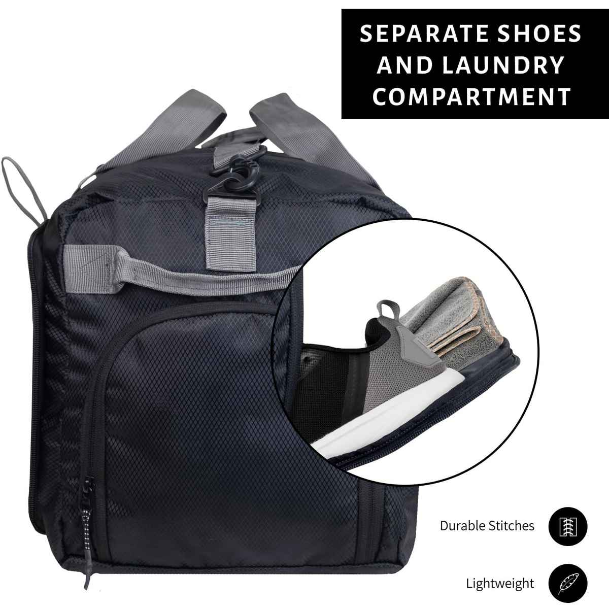 TRAVALATE Foldable Travel Polyester Duffle Bag with Separate Shoe Compartment | Black - 50 L