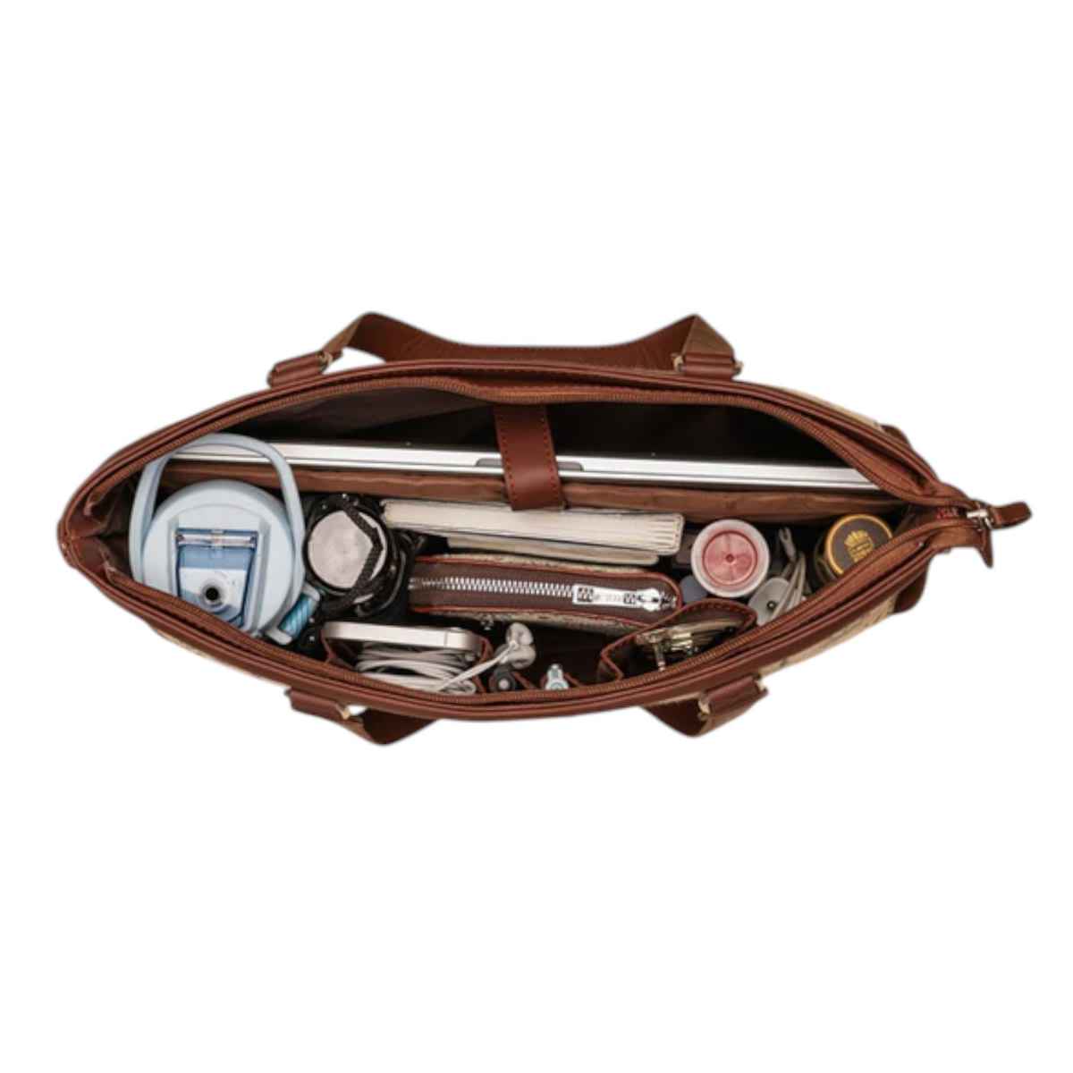 Zouk Women's Printed Vegan Leather and Handcrafted Fabric 13.8L Double Strap Office Bag | Brown