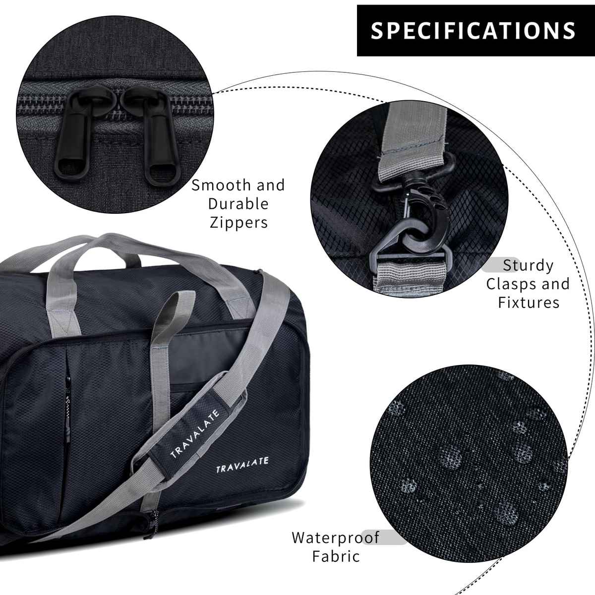TRAVALATE Foldable Travel Polyester Duffle Bag with Separate Shoe Compartment | Black - 50 L