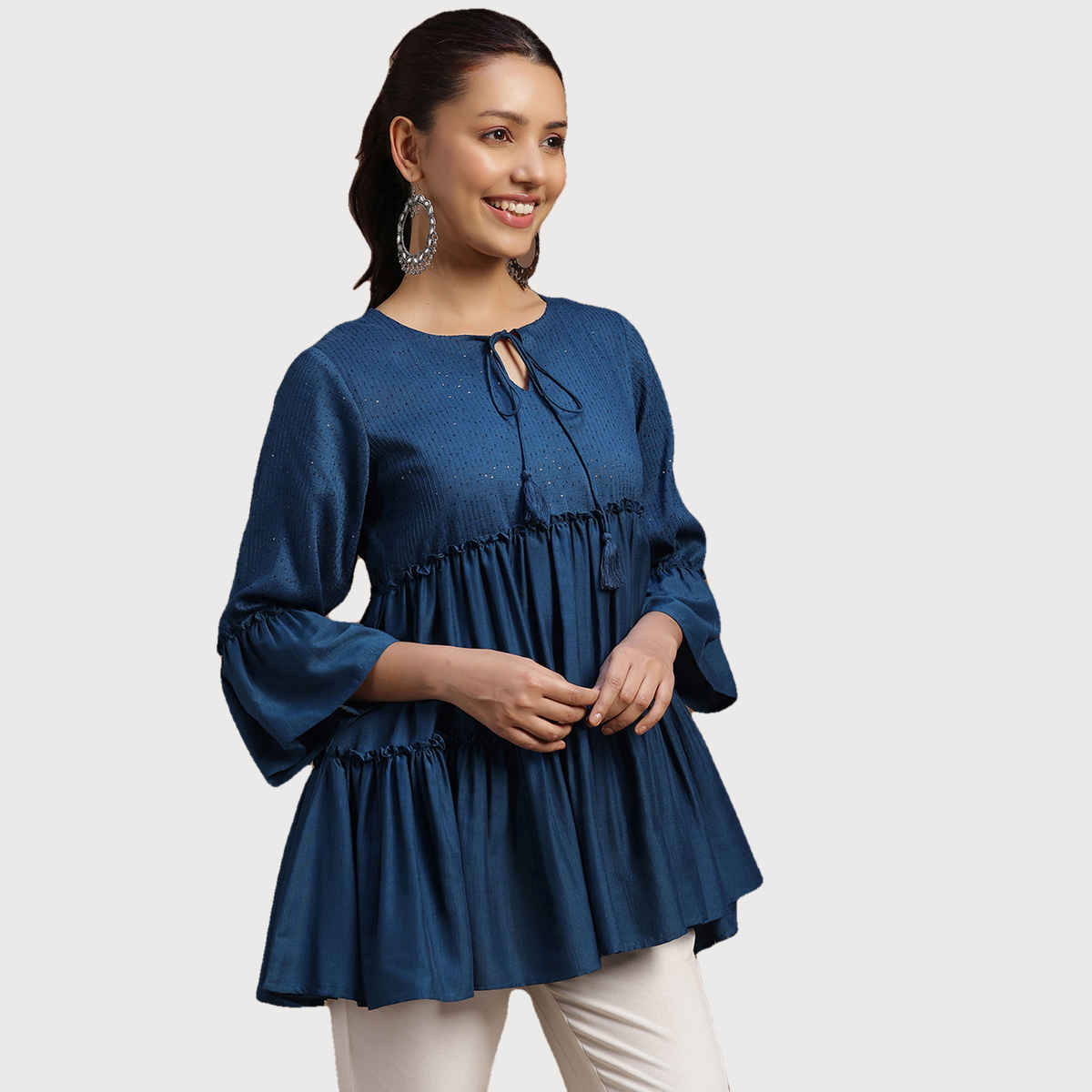 Libas Women's Embellished Silk Blend A-line Kurti | 29142 29142 | Blue - S