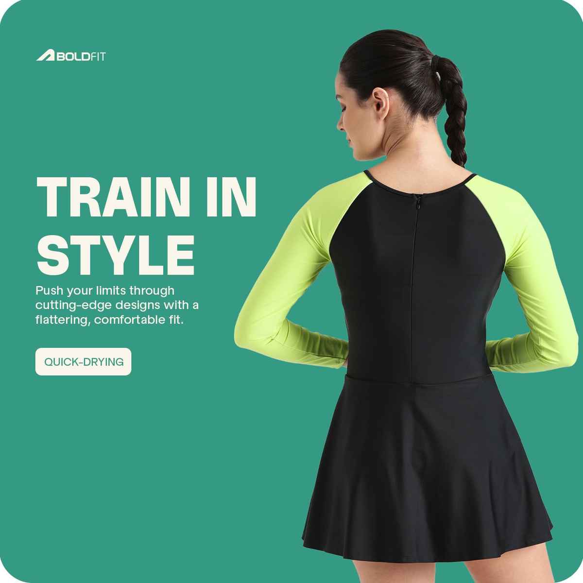 Boldfit Swimming Costume For Women One Piece Peplum Swimsuit Skirt Style Blackgreen - M