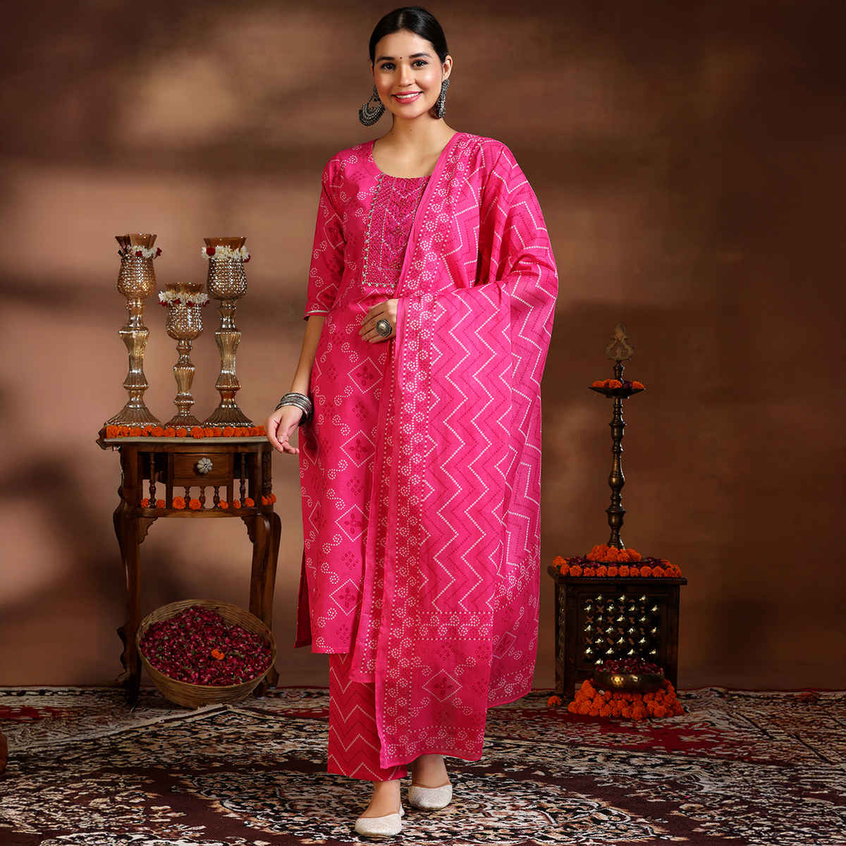 Libas Printed Cotton Straight Suit With Dupatta | 39086H | Pink - M
