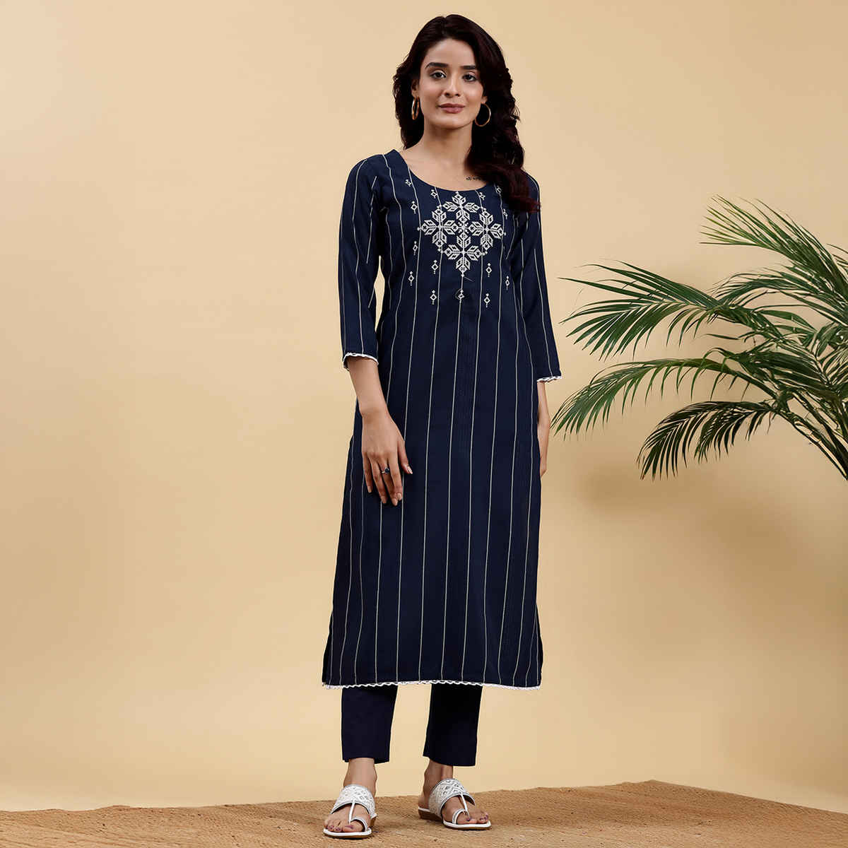 Libas Women's Embroidered Silk Straight Kurta | Blue - XL