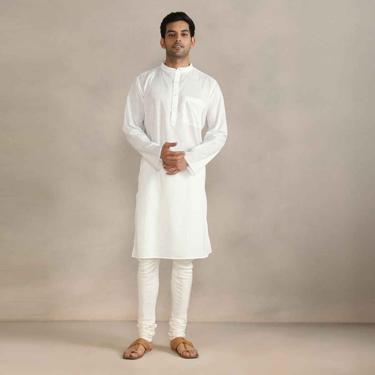 Fabindia Men's Cotton Slim Fit Long Kurta | White - S