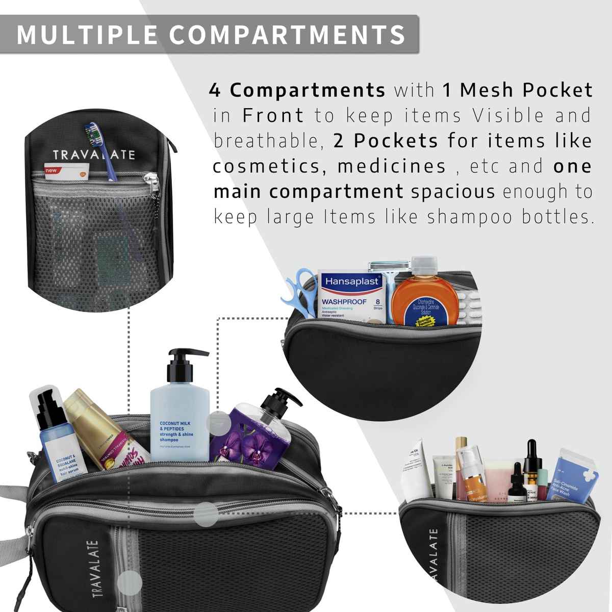 TRAVALATE Three Compartment Travel Toiletry Kit | Black