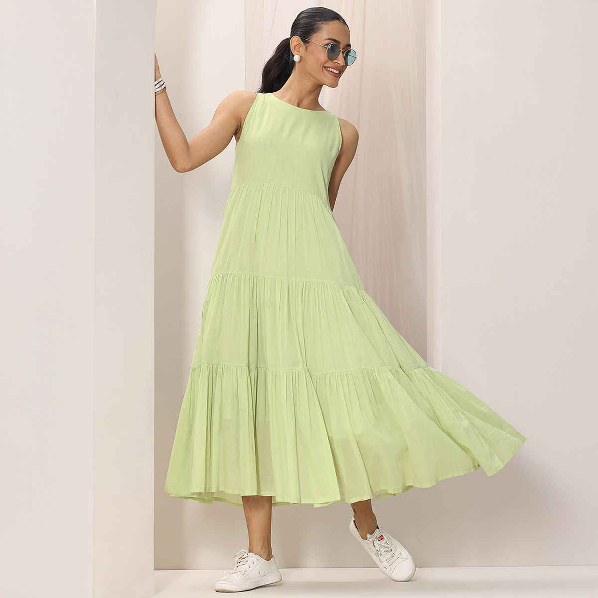 Libas Women's Solid Cotton Fit and Flare One Piece Dress | Green - L