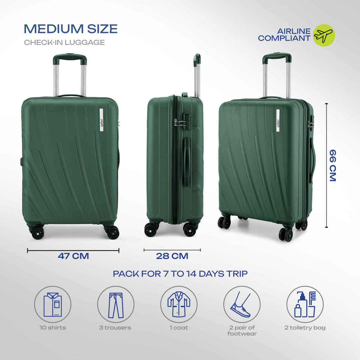 Safari Vamos Medium Trolley Bag, 8 Wheels, Hard, Polypropylene | Dusk Green - 66 cm