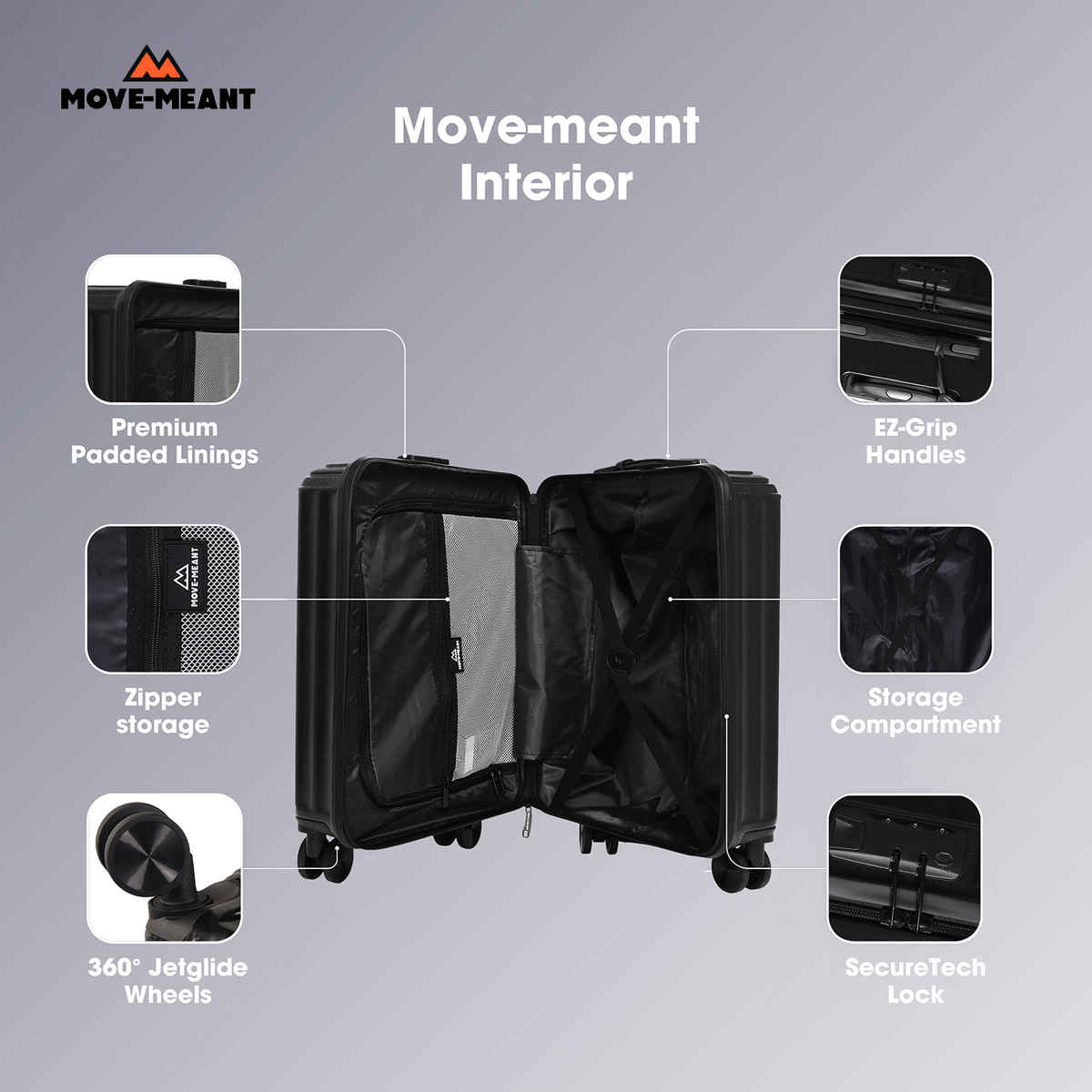 Move-Meant Roamify Large Suitcase | Polycarbonate Trolley | 8 Wheels | Number Lock | Black - 75cm