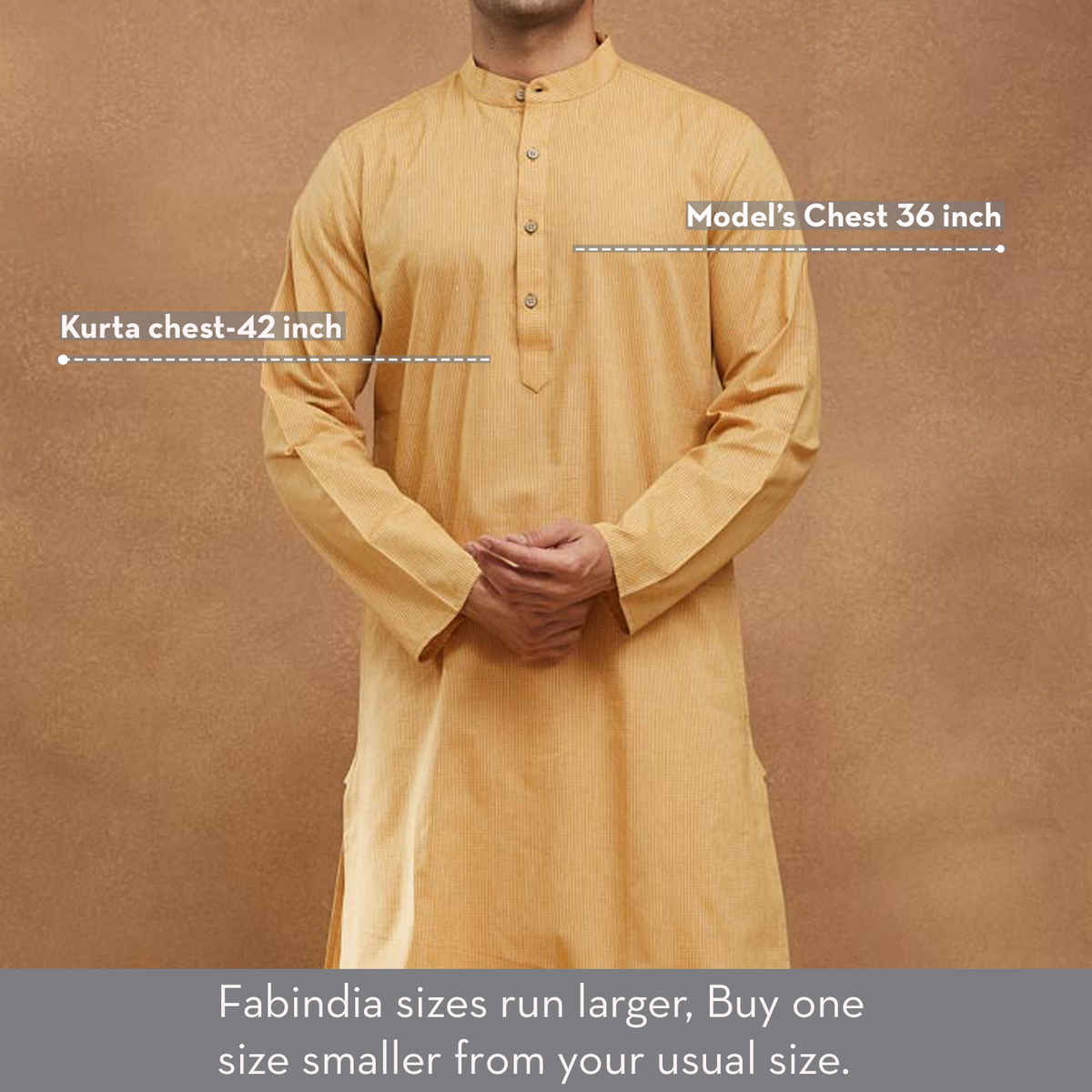 Fabindia Men's Cotton Slim Fit Long Kurta | Mustard - M