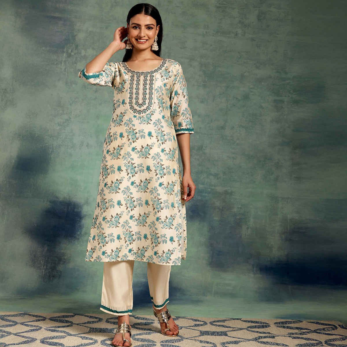 Libas Women's Printed Chanderi Silk Straight Kurta Set | Beige - L