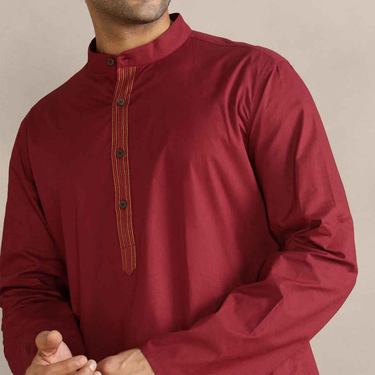 Fabindia Men's Cotton Slim Fit Long Kurta | Maroon - XL