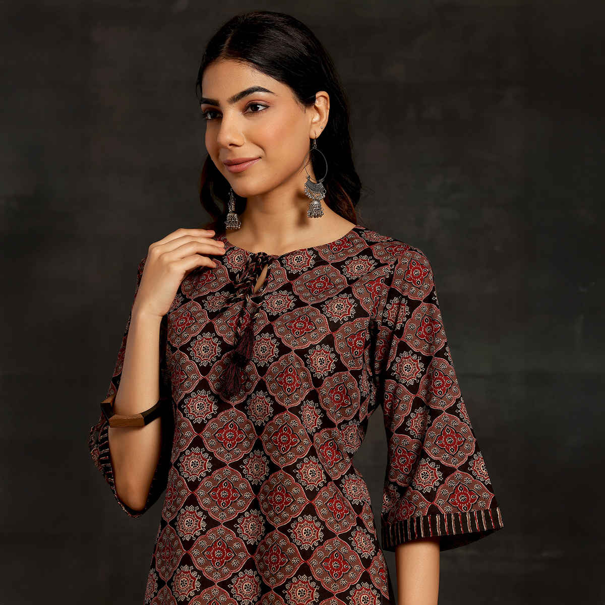Libas Women's Printed Cotton Straight Kurti | Black - S