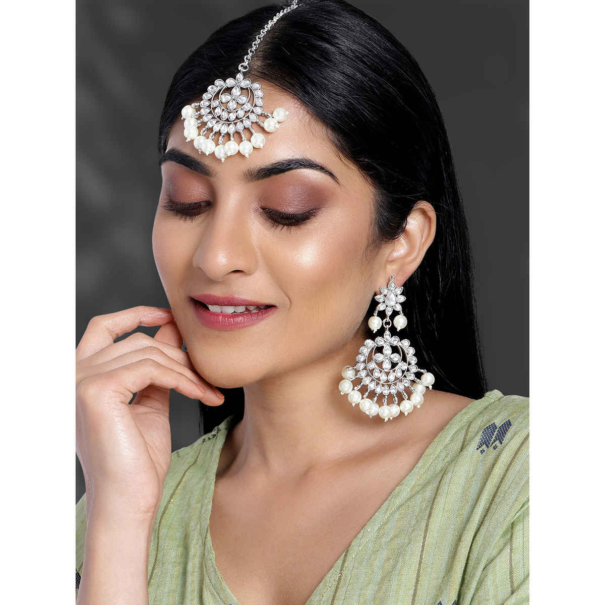 Peora Gold Plated Kundan Faux Pearl Chandbali Earring Maang Tikka Set | PF37TE7058RW