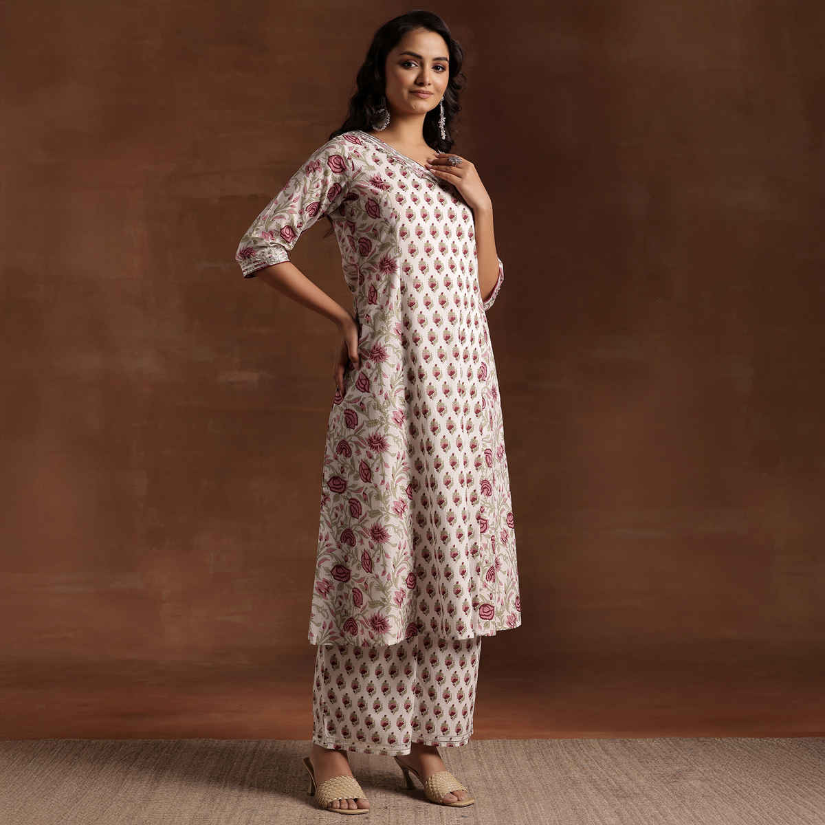 Libas Women's Printed Cotton A-Line Kurta With Palazzos | Off white - M